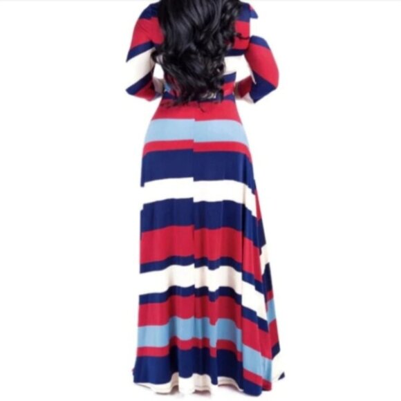 Janette Fashion Sky Blue Navy Red Bold Stripe Faux Wrap Maxi Dress - Picture 2 of 3